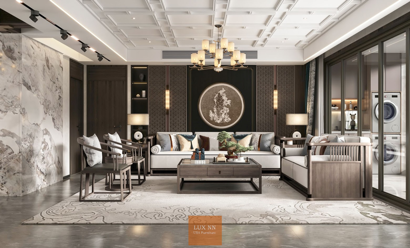 Ghế Sofa chữ I ốp gỗ phong cách Trung Hoa1323 Lux